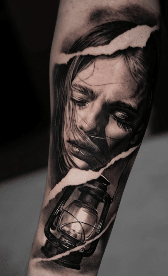 A fresh realism tattoo covered with a transparent aftercare film.