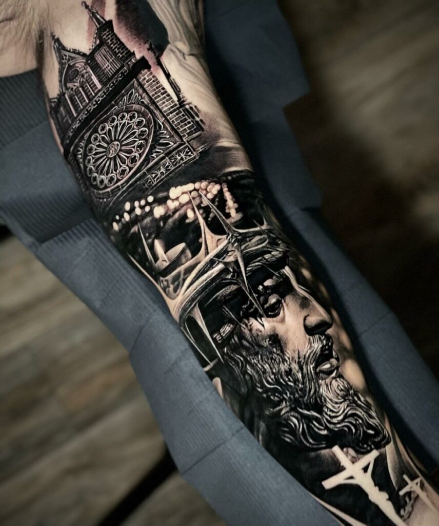 A tattoo stencil being placed on skin for a realism design.