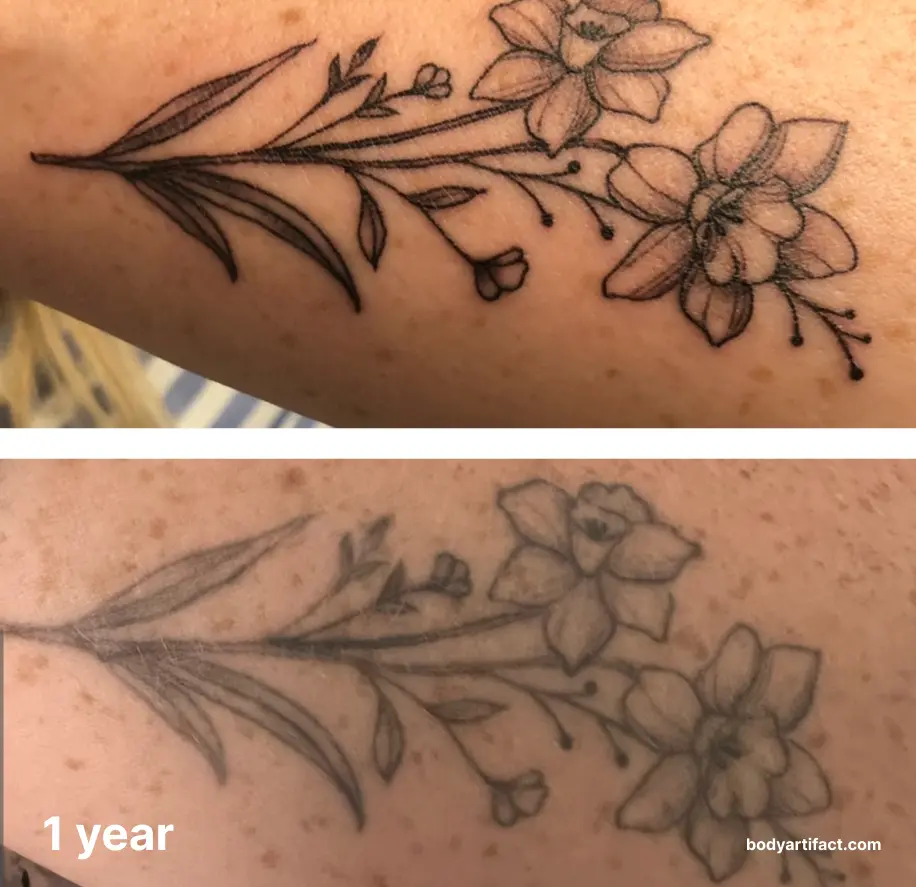 A healed fine line botanical tattoo on the arm, still crisp after years.