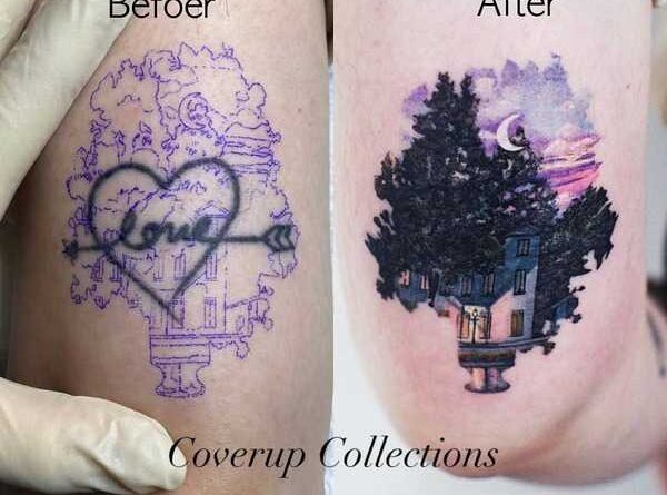 A tattoo artist sketching a cover-up design on paper, with a stencil of the old tattoo nearby.