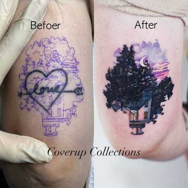 Nghệ sĩ xăm phác thảo thiết kế cover-up trên giấy, với stencil của hình xăm cũ bên cạnh.