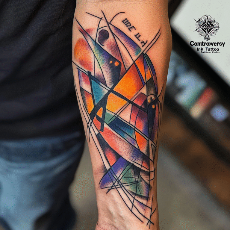 Tattoo artist marking the natural body contour to align geometric tattoo design.