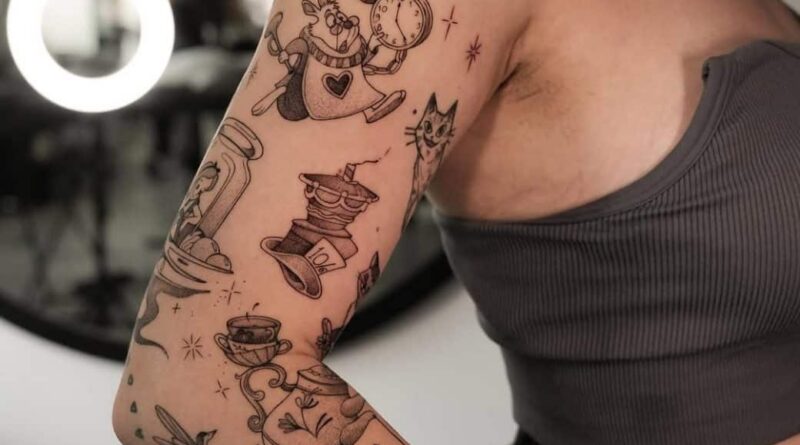 A patchwork forearm combining traditional, realistic, and geometric tattoos.