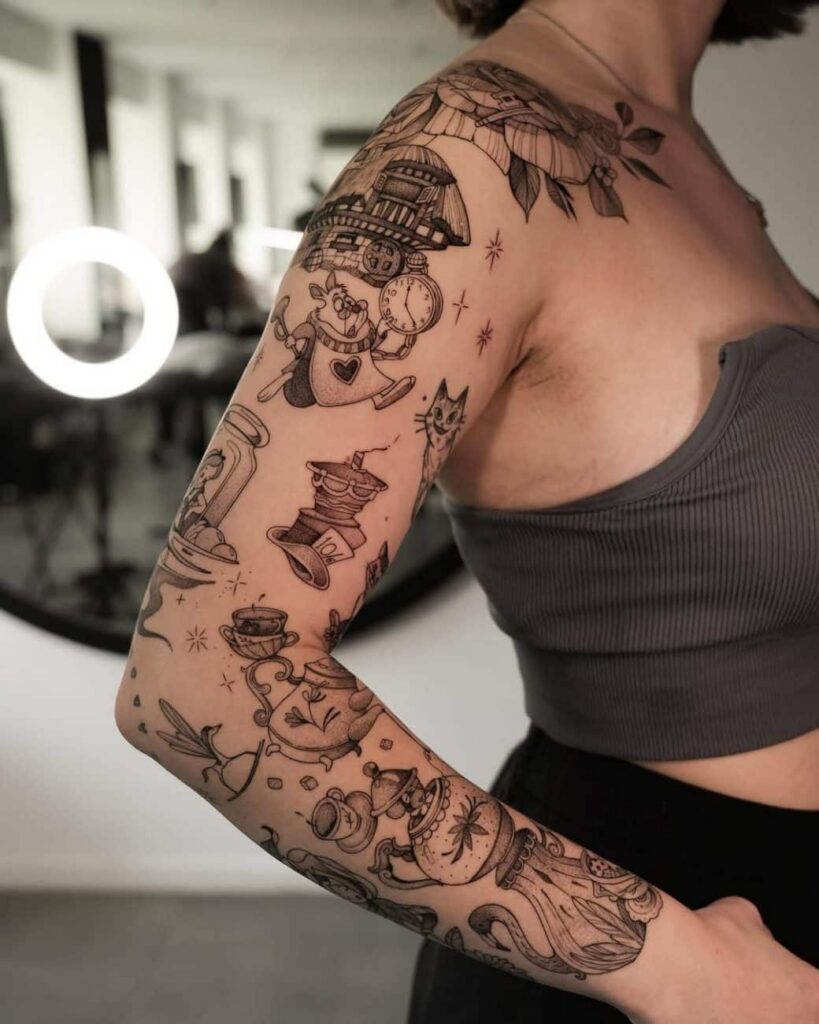 A patchwork forearm combining traditional, realistic, and geometric tattoos.