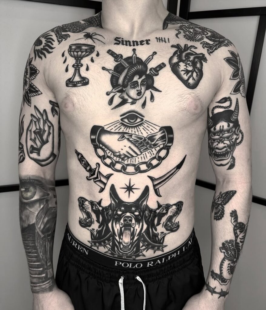 A patchwork sleeve blending neo-traditional and dotwork textures.