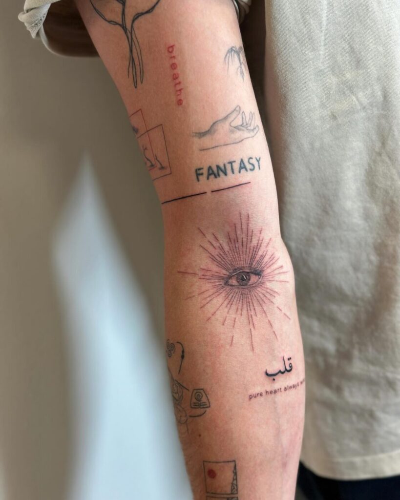 Well-spaced patchwork tattoos with visible skin gaps for future expansion.