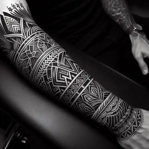 A client showing reference photos to a tattoo artist at a consultation desk.