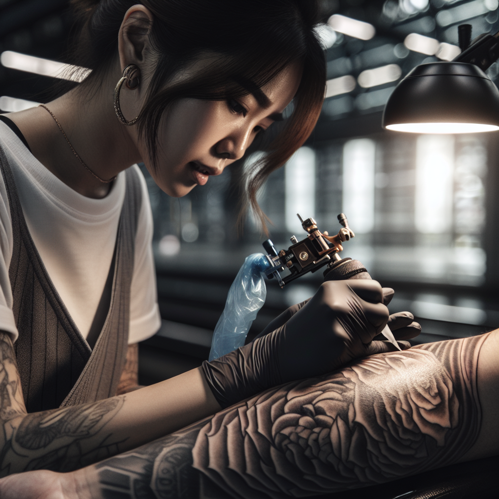 Close-up of a tattoo machine with ink caps and black ink during a black and grey session.