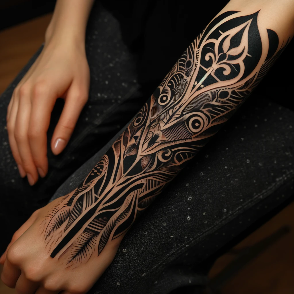 Hình xăm blackwork ở cẳng tay với khoảng trống âm bản