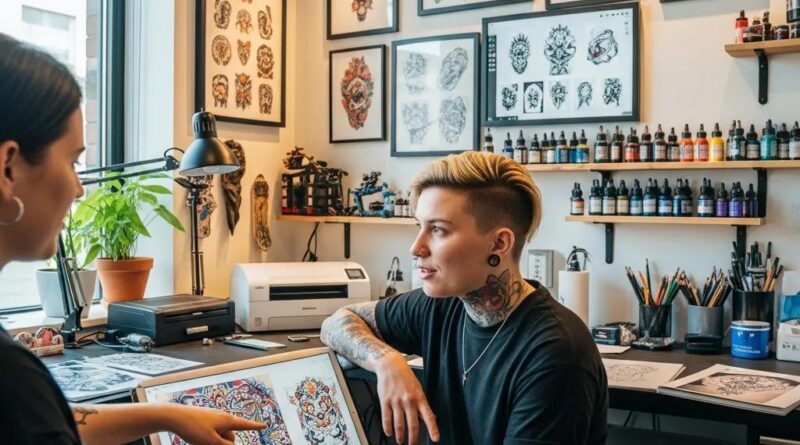 Tattoo artist discussing design with client during consultation
