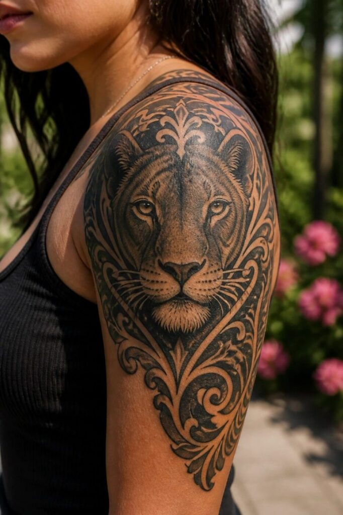 Cận cảnh blackwork đường nét mảnh thể hiện nét vẽ chính xác, tinh tế.