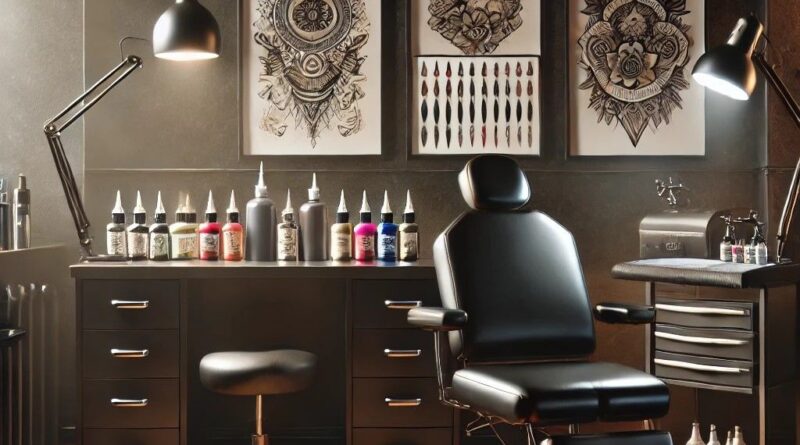 Tattoo artist discussing cover-up options with a client at the consultation desk.