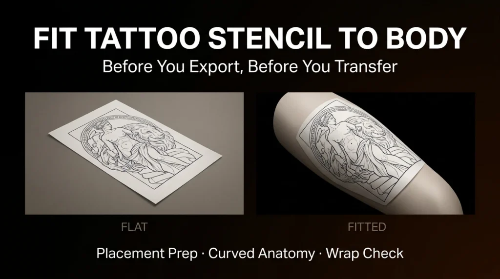 A neo-traditional tattoo design sketch on a forearm, showing placement planning.
