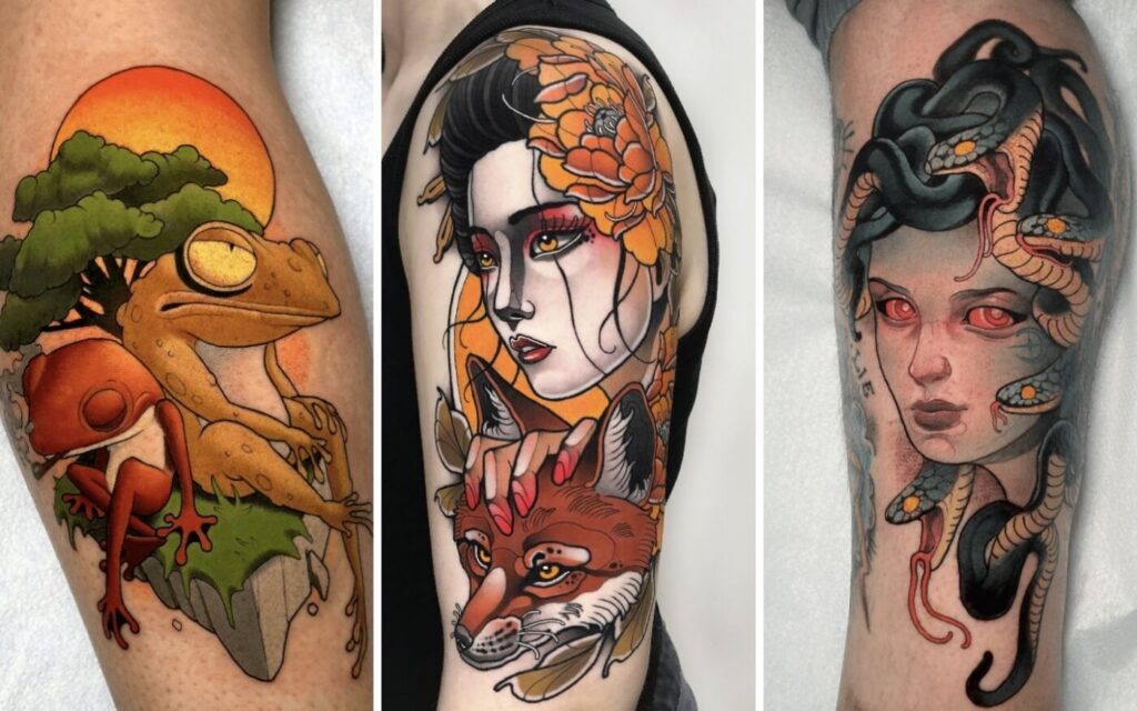 A full sleeve neo-traditional tattoo with bold lines and rich colors.