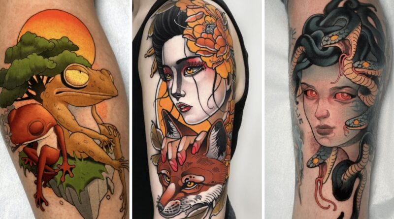 A full sleeve neo-traditional tattoo with bold lines and rich colors.