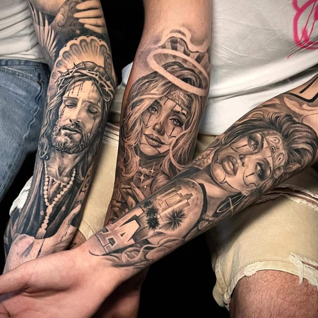 A healed Chicano sleeve under natural light shows how black-and-grey settles over time.
