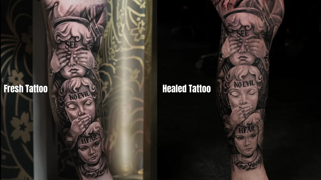 Cận cảnh hình xăm dotwork thể hiện sự chuyển sắc mượt mà từ sáng đến tối.