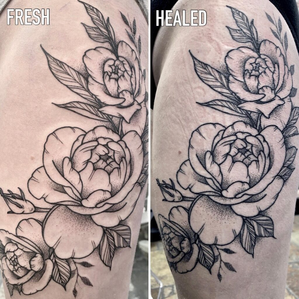 So sánh cạnh nhau giữa hình xăm dotwork mới xăm và sau khi lành.