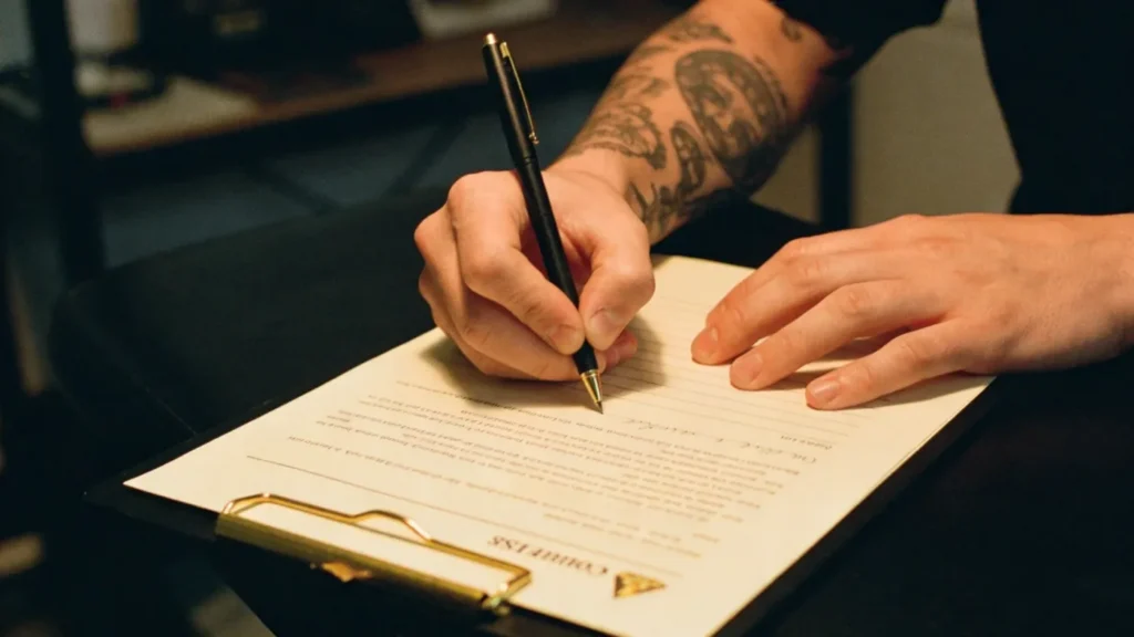 Client reading and signing a consent form at a clean tattoo studio desk