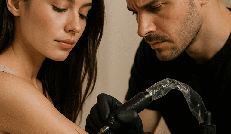 Tattoo artist and client examining healed fine line tattoos in a portfolio