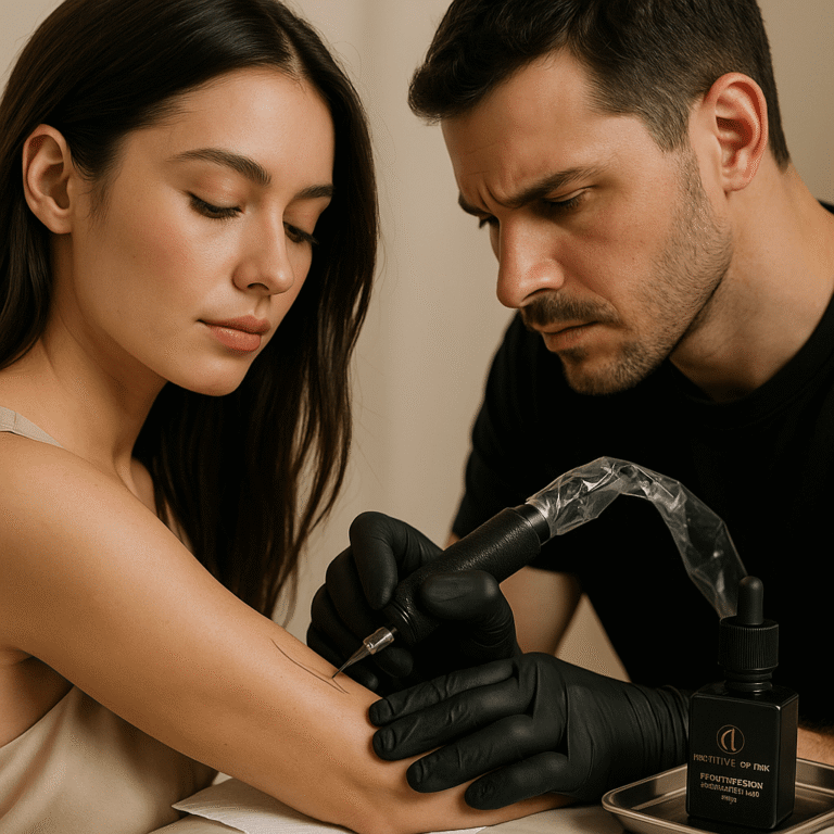 Tattoo artist and client examining healed fine line tattoos in a portfolio