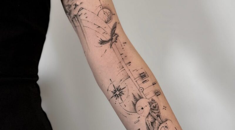 Close-up of a tattoo machine with a fine needle, held by an artist's hand.