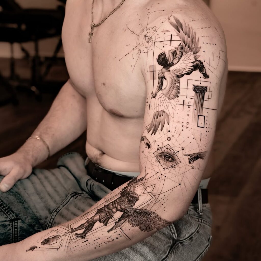 Graphic tattoo siêu thực với linework kiến trúc và bố cục nhiều lớp