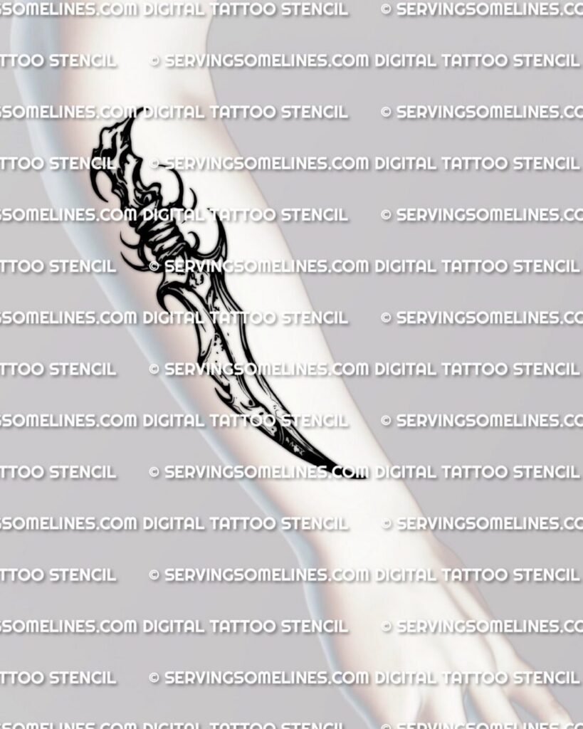 Chữ blackwork đậm đã lành trên cẳng tay.