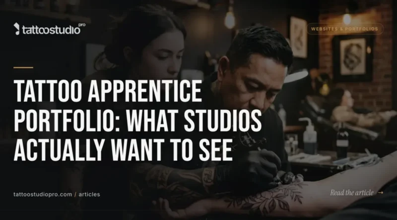Tattoo artist closely examining a healed tattoo on a client's arm