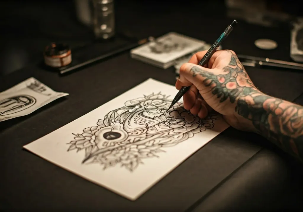 Close-up of a tattoo machine with ink caps