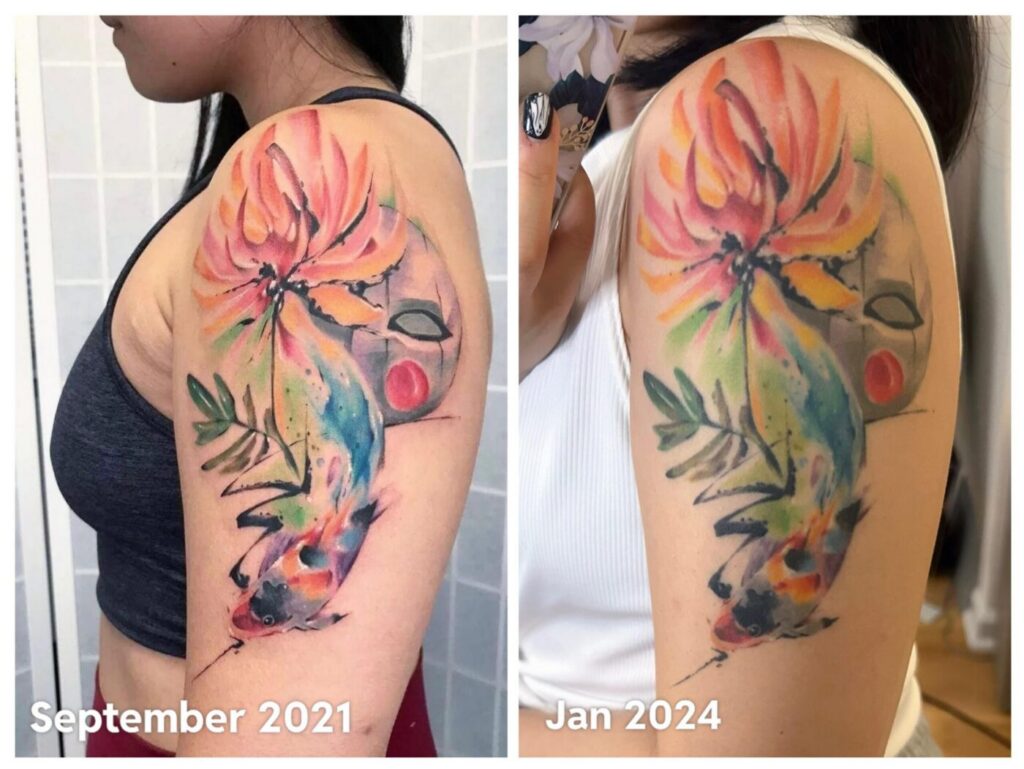 A healed watercolor tattoo on the forearm, reviewed in person.